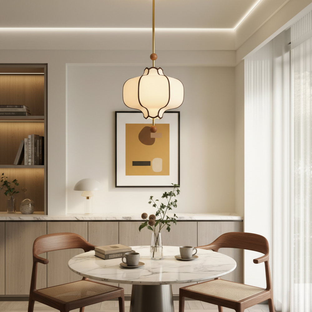 Luminaire Lanora design festonné unique, finition laiton. Suspension moderne ambiance sereine.