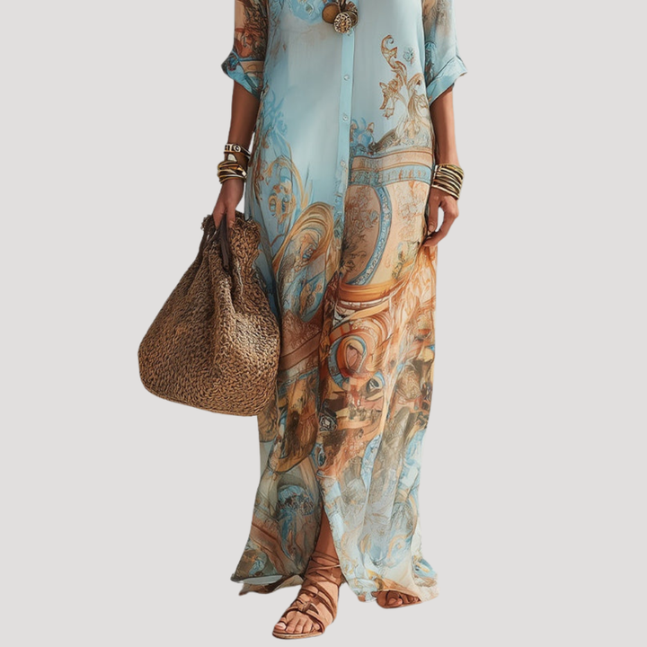Robe chemise femme longue imprimée, coupe fluide et décontractée, idéale pour l'été ou les vacances.