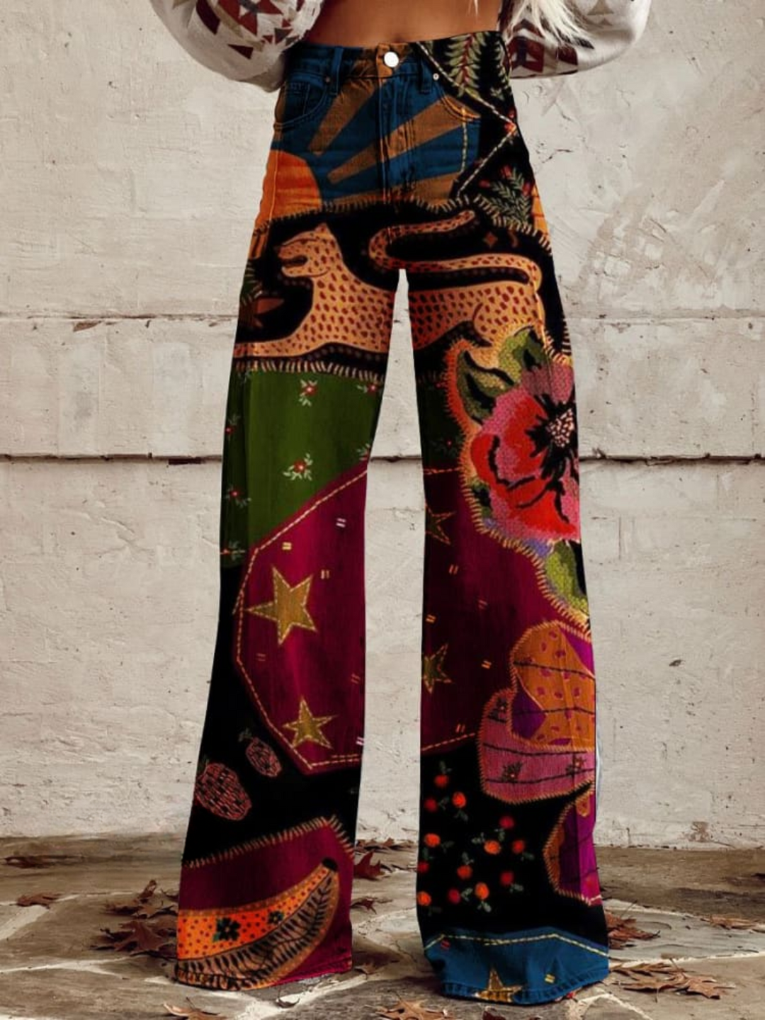 Pantalon large fluide imprimé vintage Olivia multicolore pour femme élégante, style décontracté et mode.