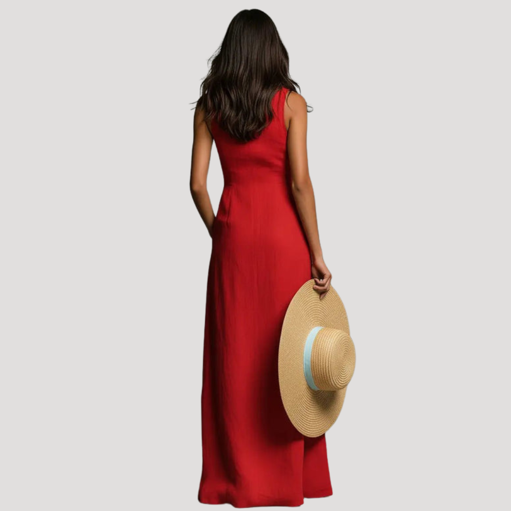 Robe longue boutonnée avec col structuré, cintrée, parfaite pour tenue estivale décontractée chic.