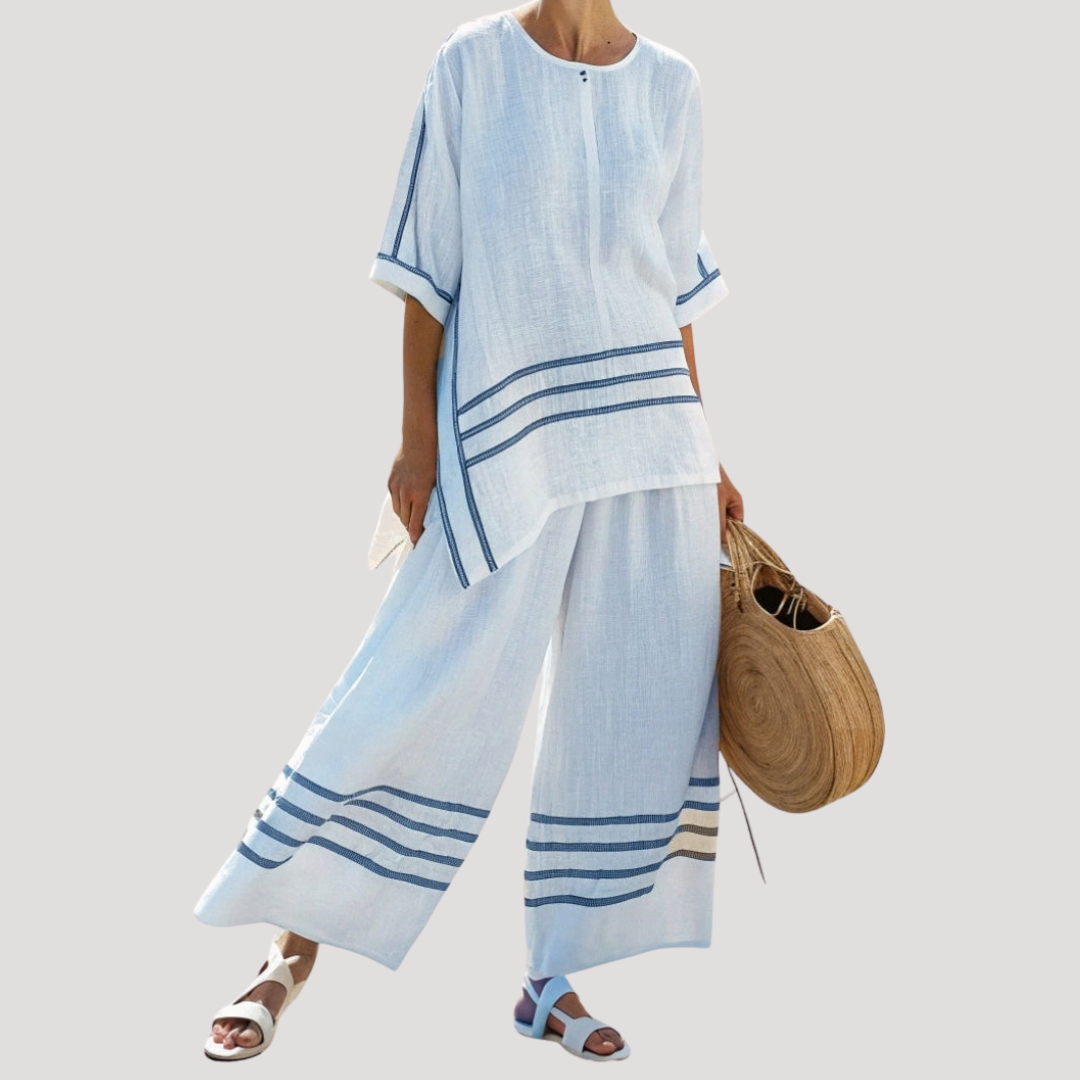 Ensemble femme d'été fluide et bohème, pantalon large élégant et tunique décontractée pour le confort.