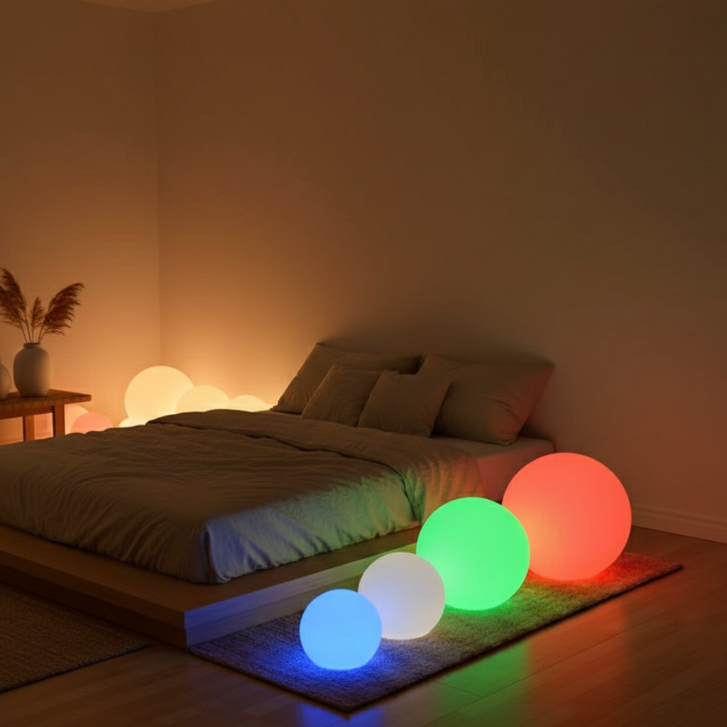 Sphère LED RGB design moderne, lumineuse et colorée, idéale pour l'intérieur comme l'extérieur.