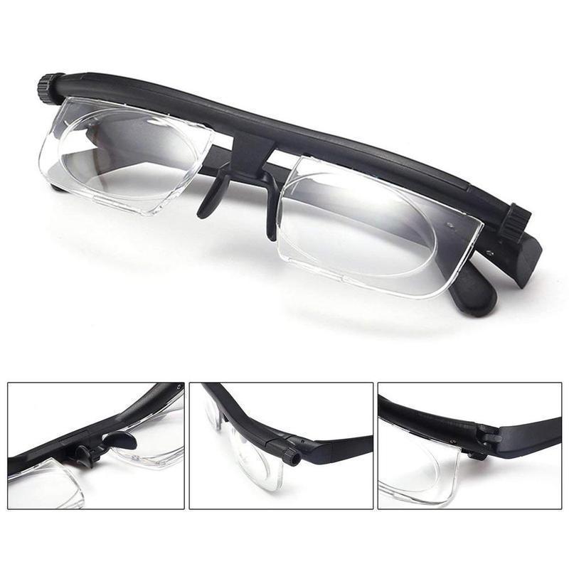 Lunettes de lecture ajustables noires offrant une vision personnalisable grâce à leur lentille zoom réglable. Confort optique.