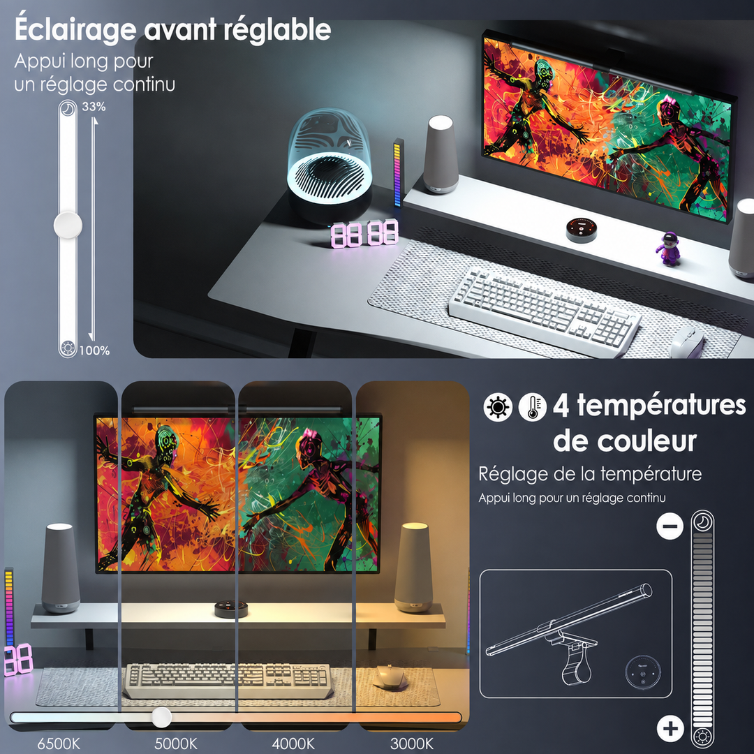 Éclairage ergonomique pour moniteur. Barre lumineuse LED RVB ajustable, réduit les reflets et la fatigue oculaire, idéal travail/gaming.