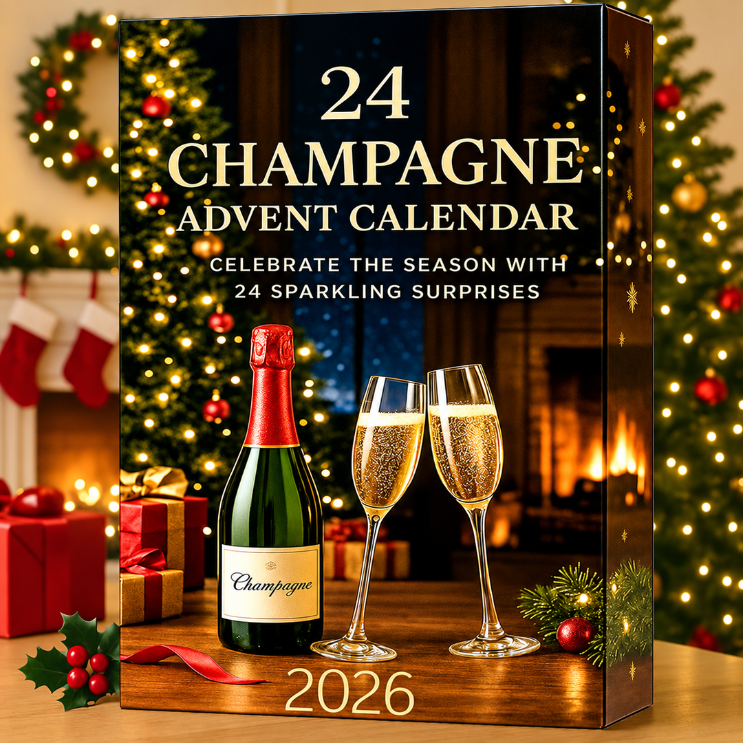 Calendrier de l'Avent de luxe 2026, décoration festive pétillante avec miniatures de champagne, esprit Noël.