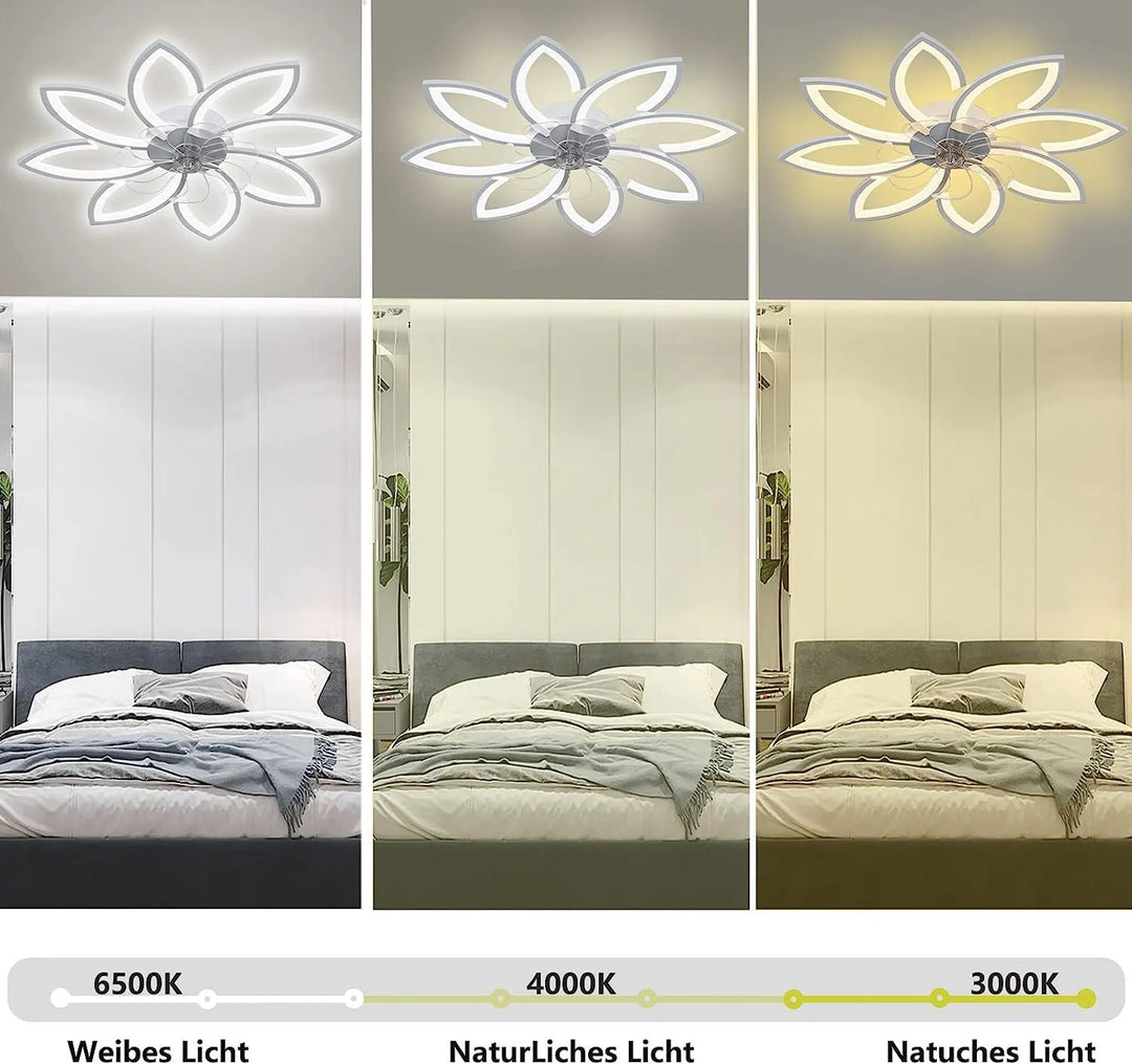 Ventilateur plafond moderne floral avec éclairage LED puissant et télécommande. Améliore le confort et le design intérieur.