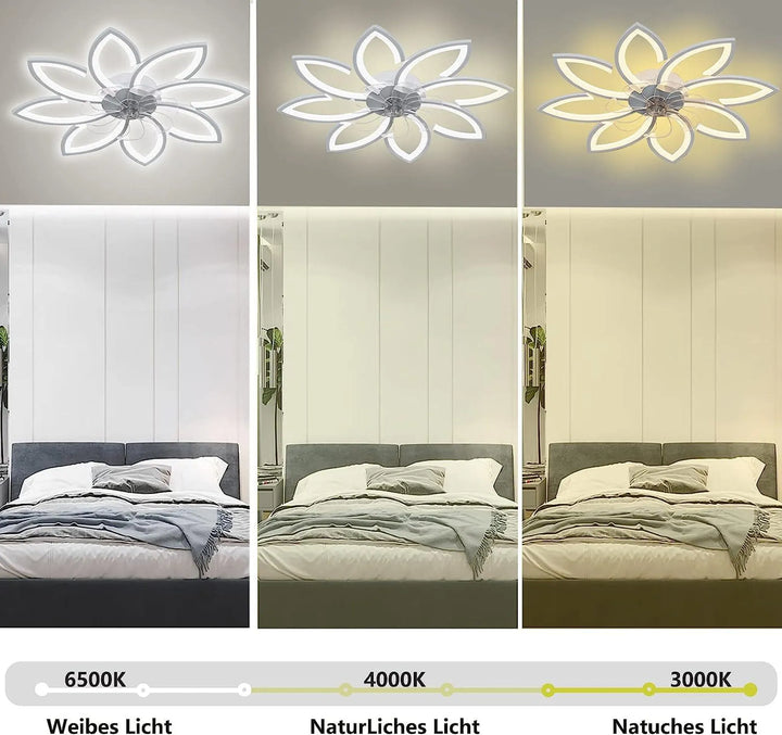 Ventilateur plafond moderne floral avec éclairage LED puissant et télécommande. Améliore le confort et le design intérieur.