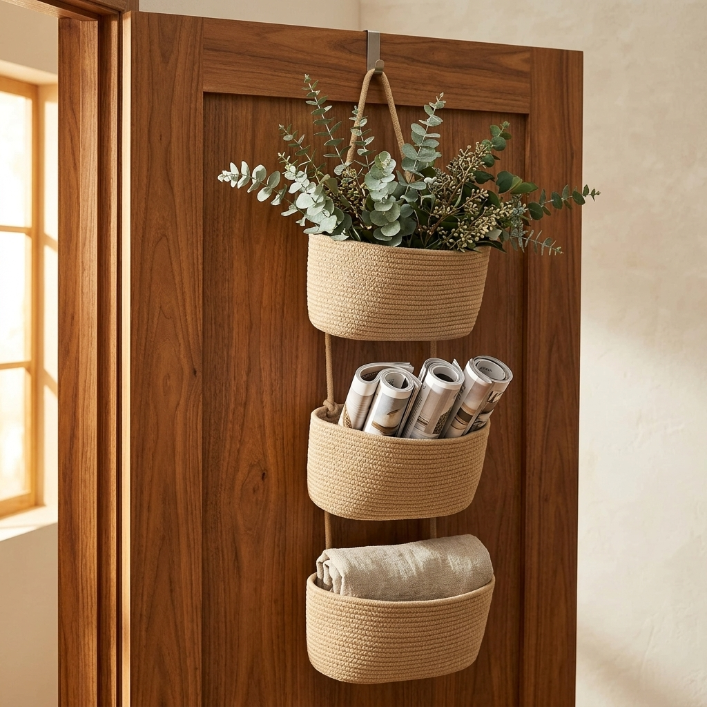 Panier de rangement suspendu en coton beige 3 niveaux pour porte, organisation et gain de place.