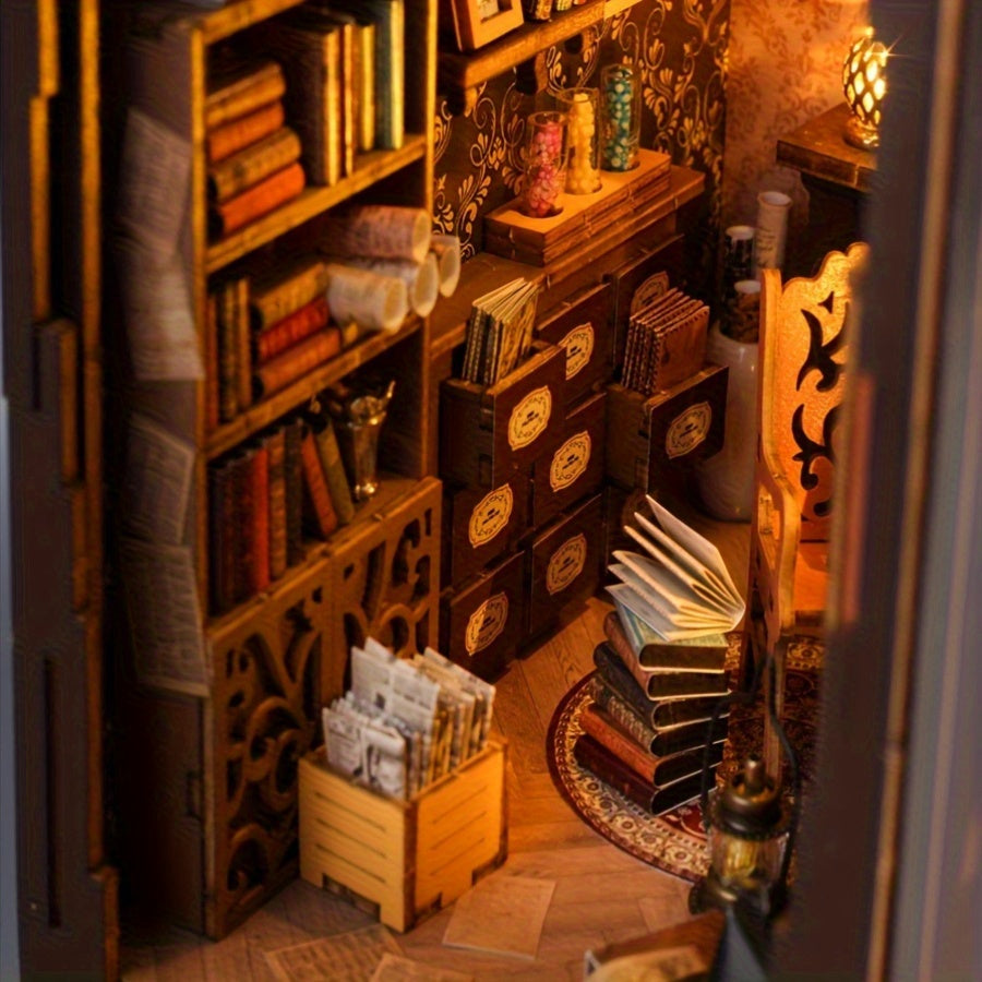 Le puzzle 3D en bois "Maison de Livres Magique" sur une table. Une activité relaxante et décorative.