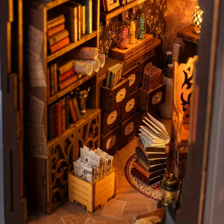 Le puzzle 3D en bois "Maison de Livres Magique" sur une table. Une activité relaxante et décorative.