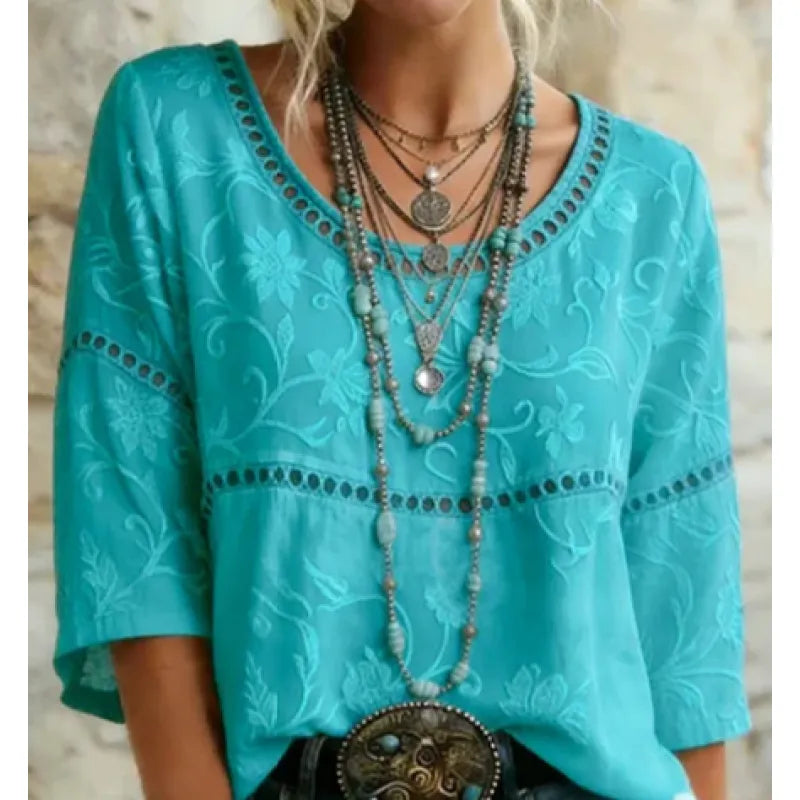 Top femme décontracté à motif floral 3D, encolure ronde et manches courtes, idéal printemps-été.