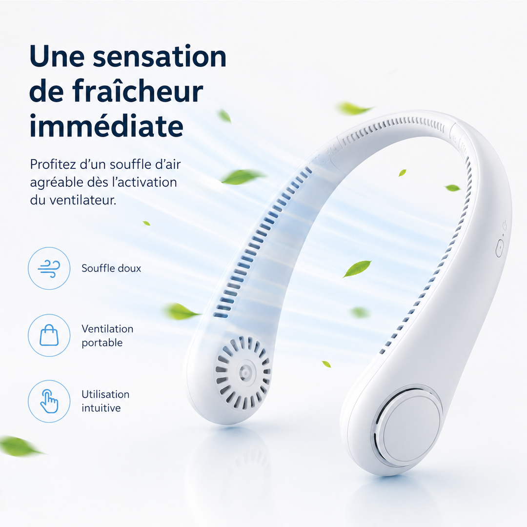 Ventilateur personnel portable pour le cou, parfait pour le sport et les activités extérieures.