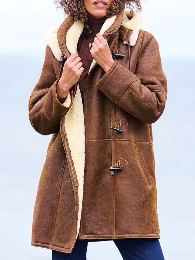 Manteau femme marron élégant à capuche, chaud et confortable, idéal pour l'hiver et un style décontracté chic.