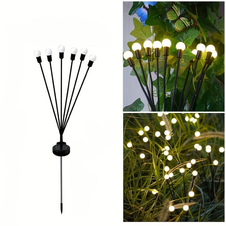 Décoration lumineuse solaire LED effet lucioles pour jardin. Installation facile, ambiance féerique immédiate.