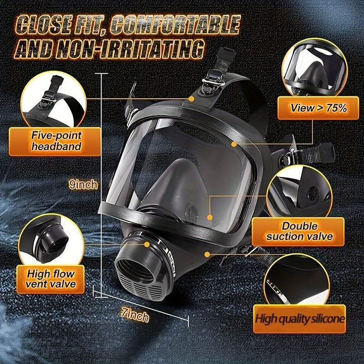 Vue de face du masque à gaz tactique, avec large visière pour protection oculaire et faciale intégrale.