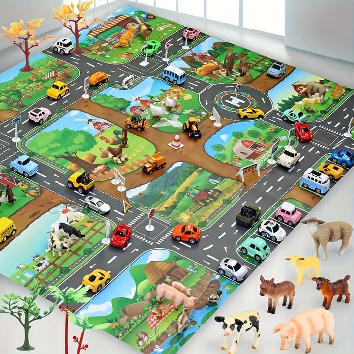 Tapis de jeu réversible enfant DuoPlay ferme & circulation. Idéal pour éveil et jeu de rôle.