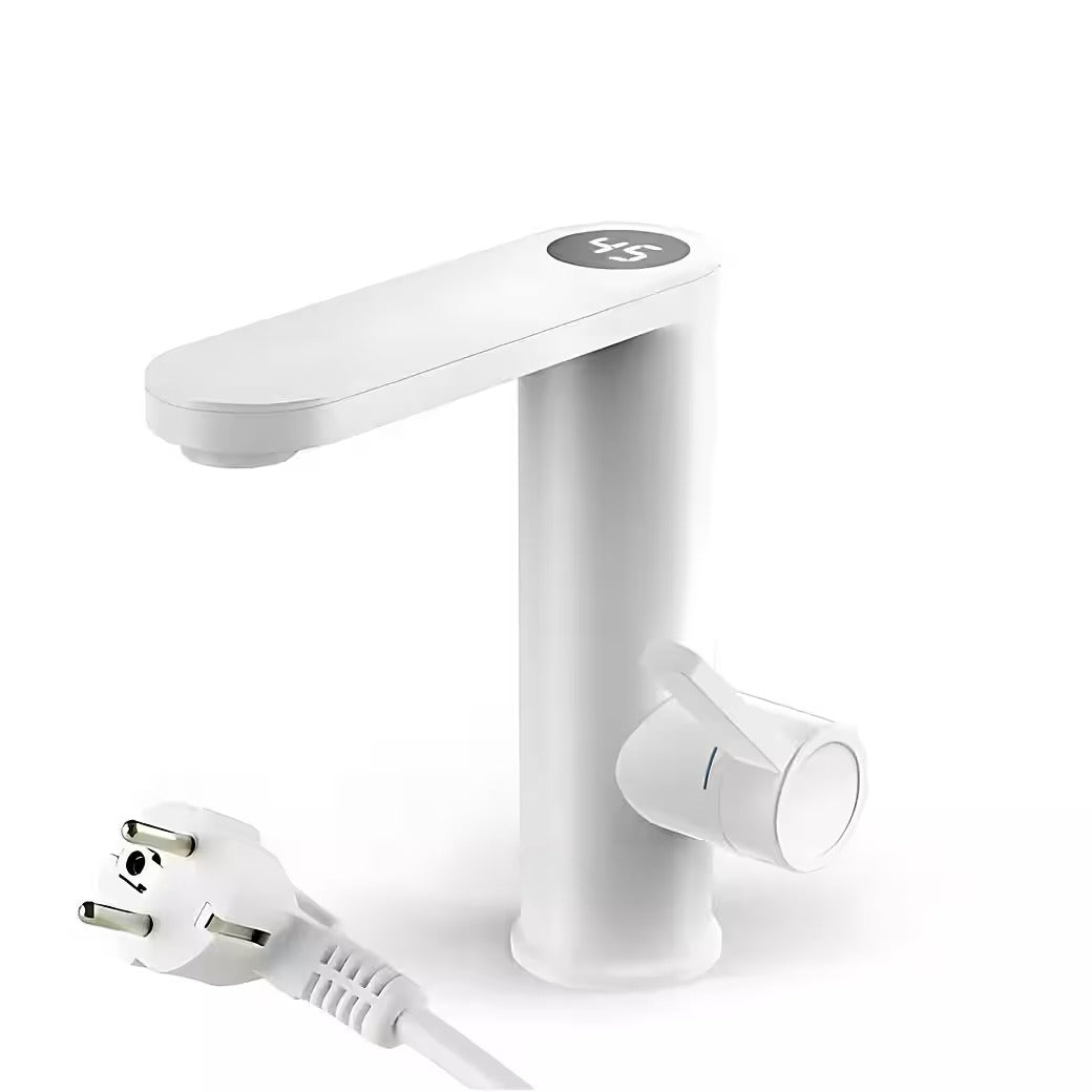 Robinet chauffant électrique moderne pour cuisine, eau chaude instantanée, économie d'énergie, finition inox.