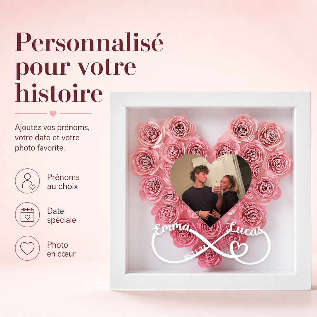 Décoration murale : cadre photo cœur sur mesure, parfait présent unique pour couple amoureux.