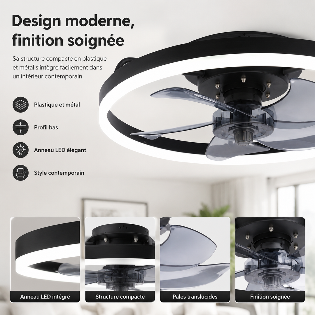Ventilateur de plafond compact 50 cm SilentBreeze, ultra silencieux, idéal pour tout espace de vie.