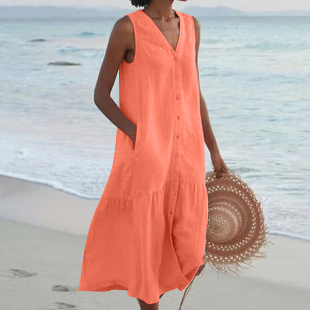 Robe femme midi chic, col en V, ample et boutonnée. Cette robe d'été est confortable, décontractée et élégante.