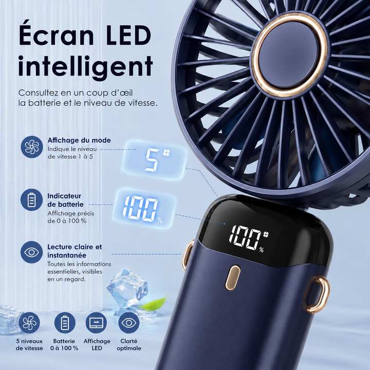 Appareil de ventilation portable multifonction avec batterie 5000mAh, autonomie et puissance pour l'été.