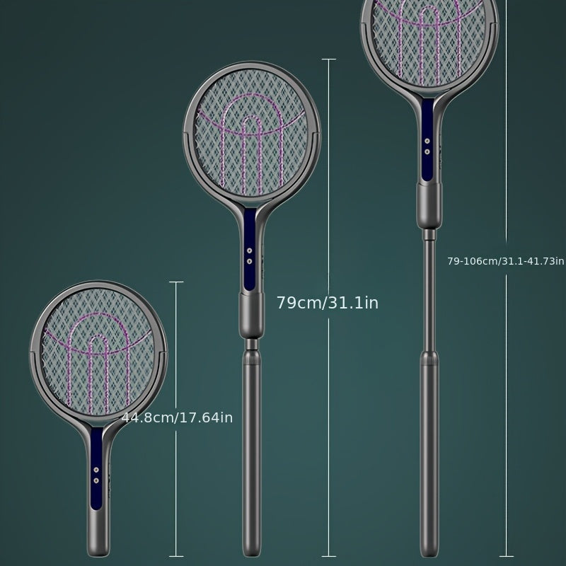 Contre les moustiques et insectes: zapper électrique rechargeable avec manche télescopique, pliable pour transport facile.