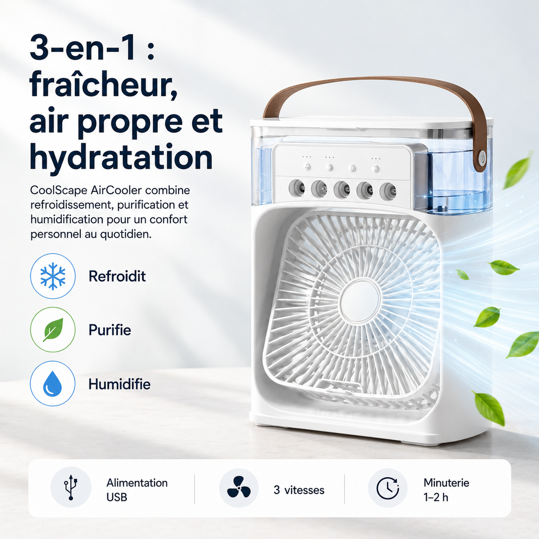 CoolScape AirCooler : Rafraîchisseur d'air USB compact, ventilateur et humidificateur. Votre allié fraîcheur de l'été.