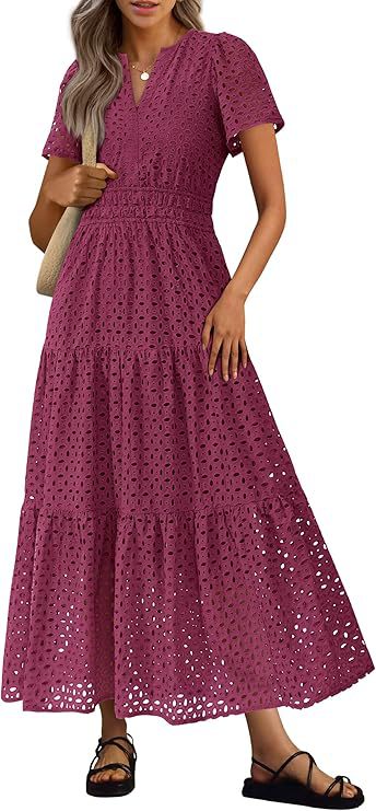 Robe longue femme, fluide et chic, col V, manches courtes, idéale pour l'été.