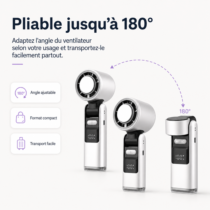 Appareil rafraîchissant portable avec écran numérique, batterie longue durée. Facilement pliable.