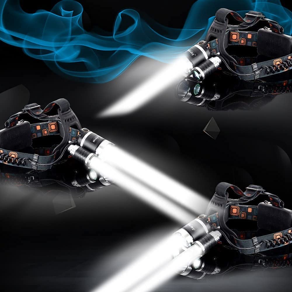 Puissante lampe frontale LED 20000 lm, rechargeable et étanche, idéale pour l'aventure et sports extrêmes.