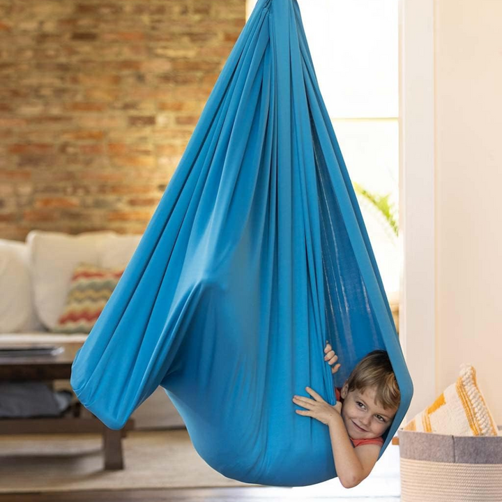 Balançoire sensorielle apaisante pour enfant, idéale autisme/TDAH, confort lycra.