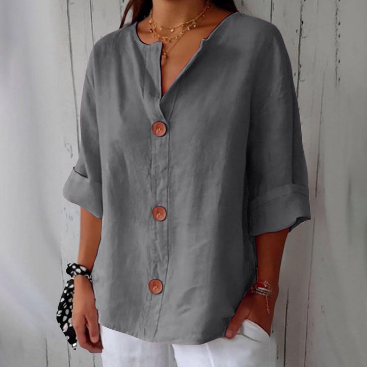Blouse femme d'été, boutonnée, col tunisien, style naturel et bohème.