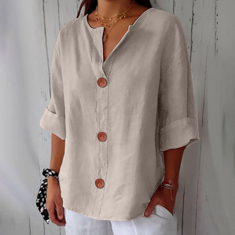 Chemisier femme ample, col tunisien, confort chic décontracté, parfait pour l'été.