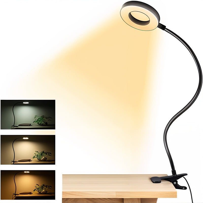 Lampe de lecture LED à clip dimmable, col de cygne flexible, idéale pour bureau et chevet, protection oculaire.