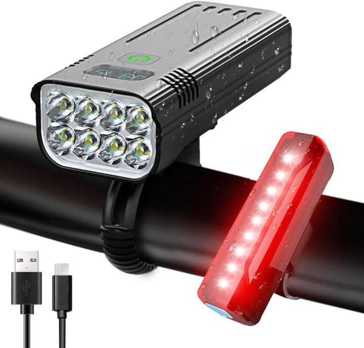 Ensemble éclairage vélo LED 8000 lumens, feu avant puissant et feu arrière pour visibilité nocturne et sécurité cycliste.