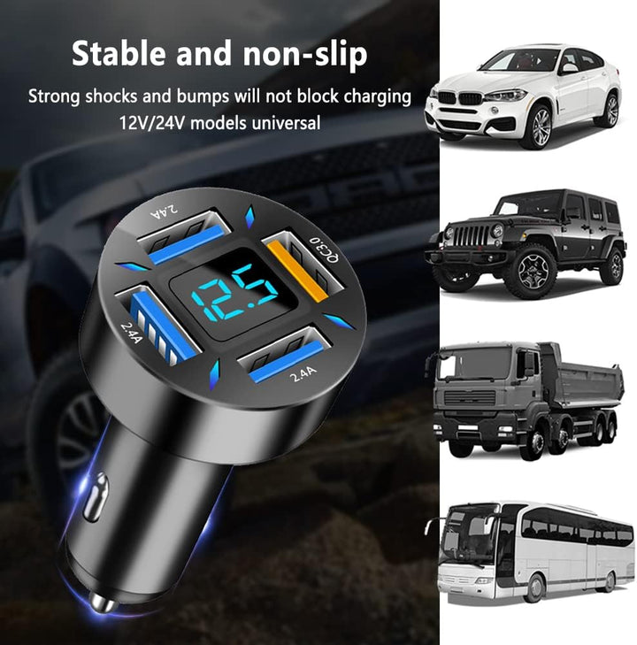 Adaptateur auto 66W PD/QC 3.0 pour recharger rapidement smartphones et tablettes en voiture.