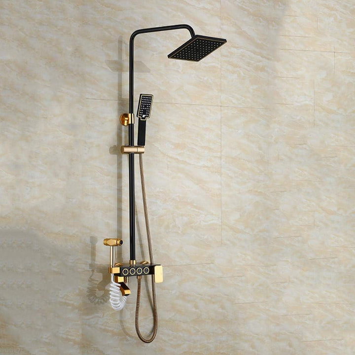 Douche pluie murale vintage noire mate. Ensemble complet robinetterie design antique pour salle de bain.