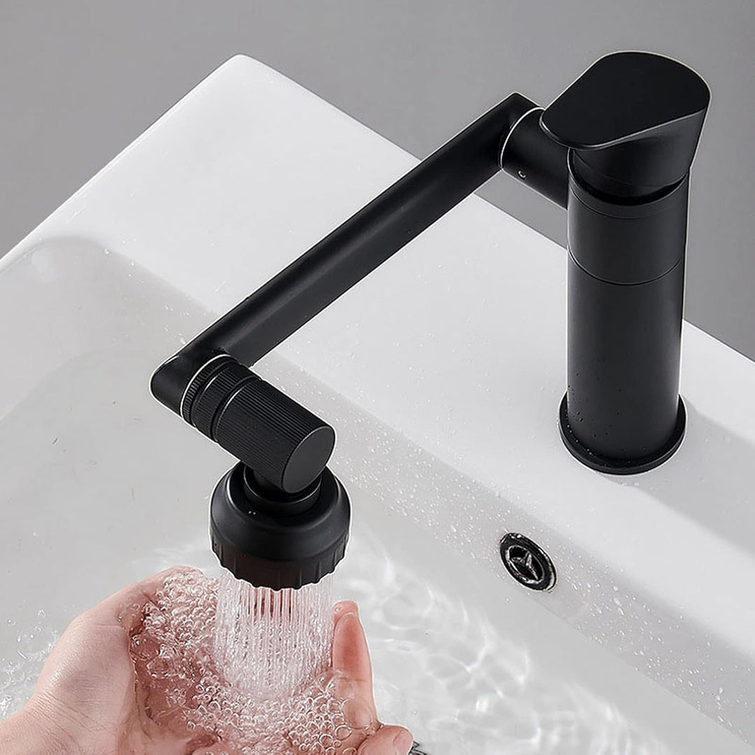 Robinet d'évier cuisine noir en acier inoxydable, pivotant 360° avec jet flexible, design moderne.