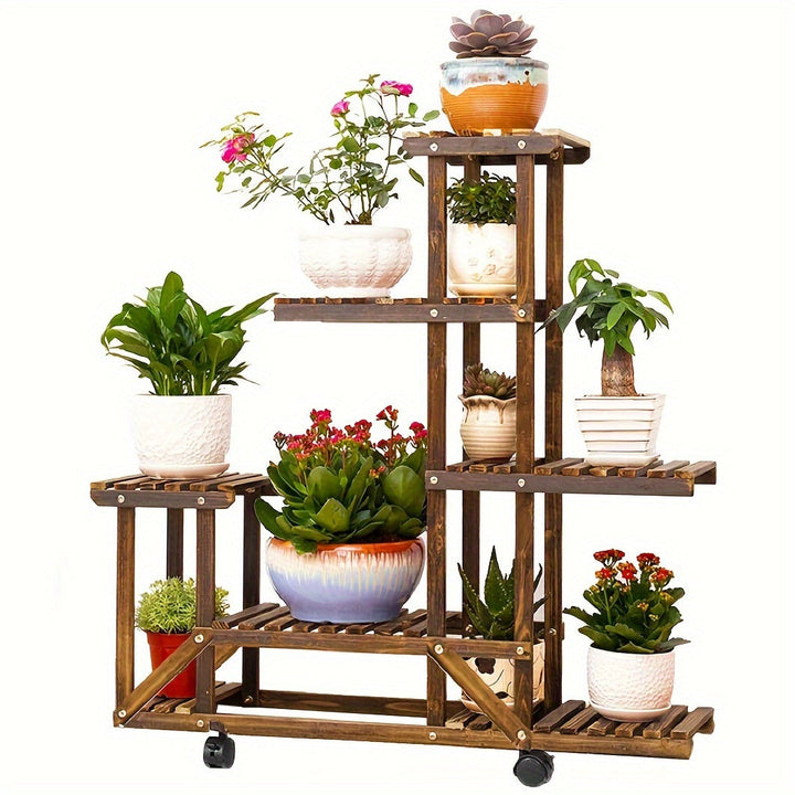 Support mobile pour plantes, 6 niveaux en bois carbonisé, idéal pour déplacer facilement vos plantes.