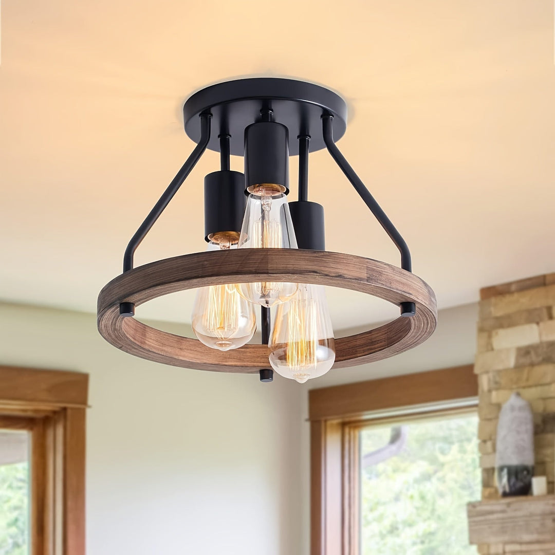 Lampe de plafond 3 bras NatuurLicht bois & métal, style industriel-rustique. Éclairage ambiant pour salon, chambre.