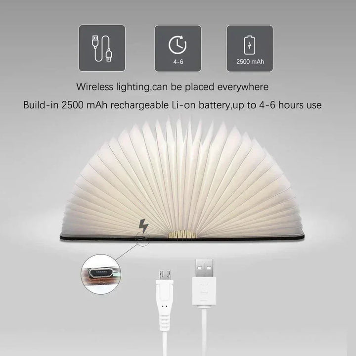 Lampe livre StoryGlow ouverte diffusant une lumière LED chaude, parfaite pour créer une ambiance cosy.