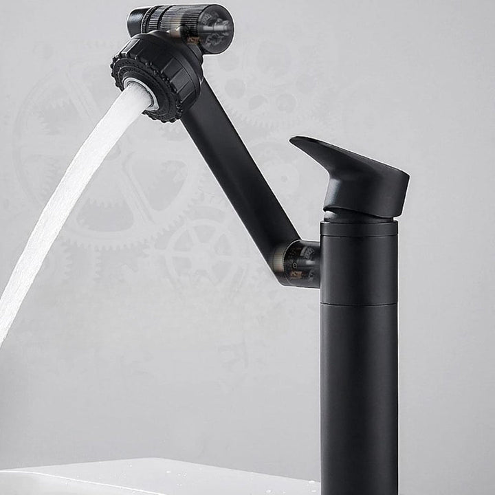Mitigeur de lavabo salle de bain noir en acier inoxydable, pivotant 360°, durable et élégant.