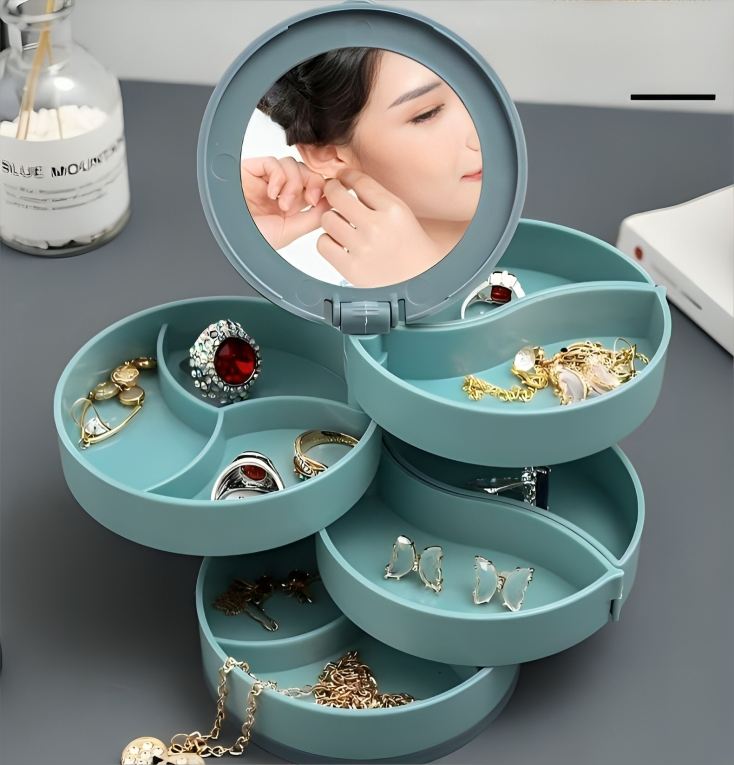 Rangement bijoux rotatif noir élégant pour coiffeuse, organiseur compact d'accessoires femme en ABS.