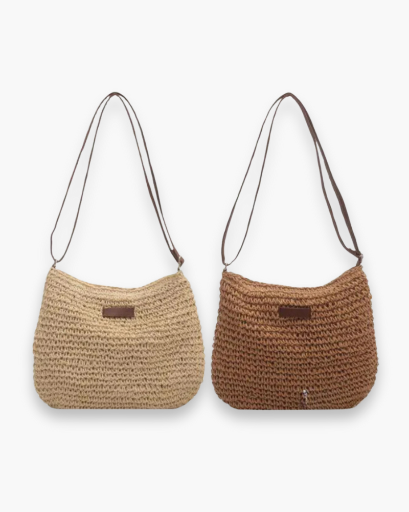Sac épaule élégant en matière tissée pour femme. Un accessoire de mode polyvalent, chic et confortable pour l'été.