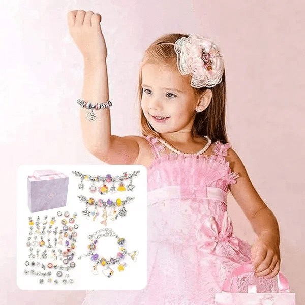 Fille souriante créant des bijoux personnalisés avec le kit DIY bracelets, activité anti-écrans.