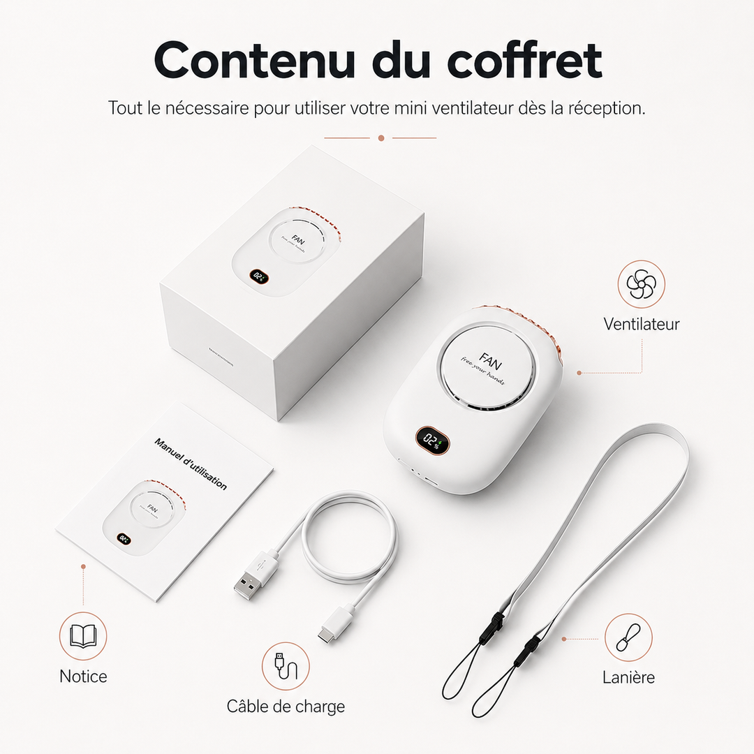 Le ventilateur cou unisexe noir, un gadget essentiel pour la fraîcheur estivale sans les mains.