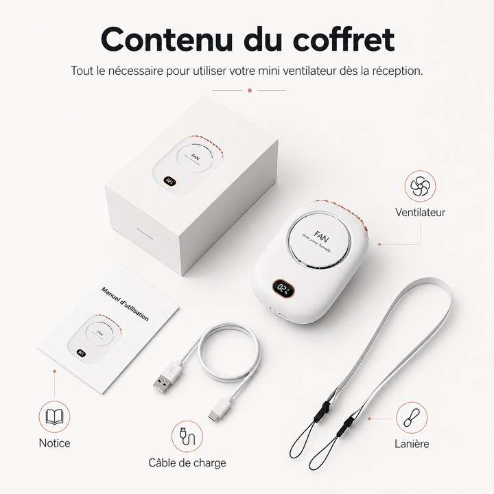 Le ventilateur cou unisexe noir, un gadget essentiel pour la fraîcheur estivale sans les mains.