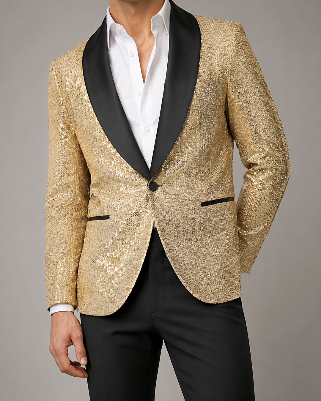 Veste de costume homme scintillante, à paillettes, coupe ajustée, pour un style audacieux et festif en soirée.
