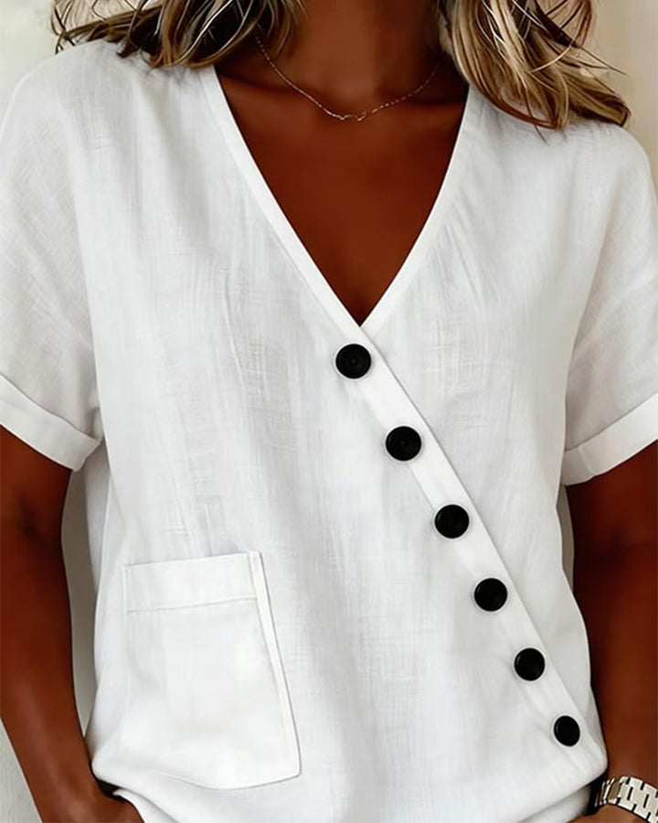 Haut femme décontracté-chic, décolleté V, parfait pour le quotidien. Tunique mode féminine printemps-été.