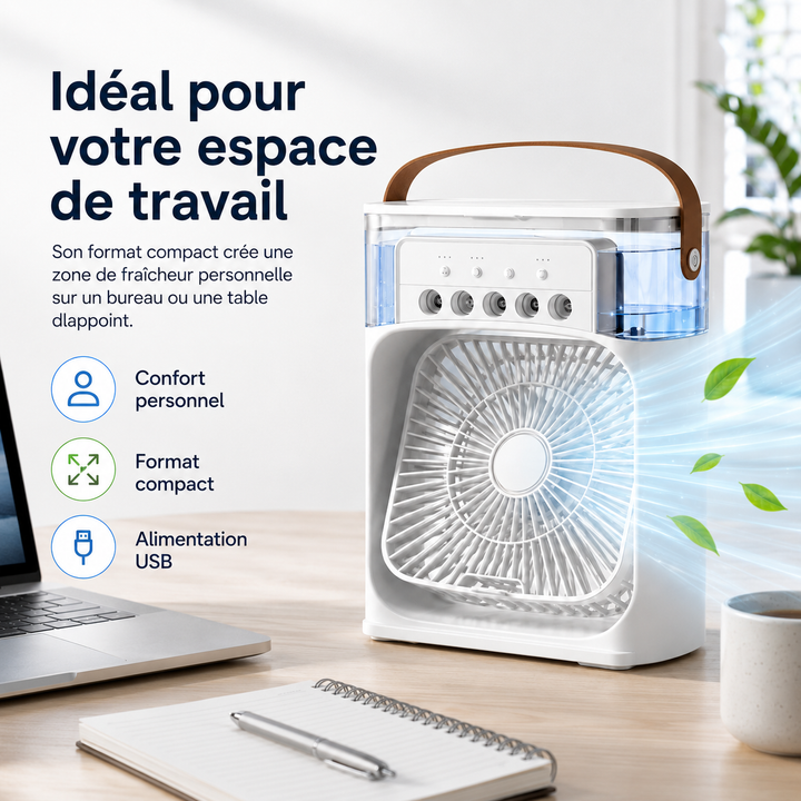 Mini rafraîchisseur d'air évaporatif USB pour l'été. Apportez de la fraîcheur partout avec ce ventilateur portable.